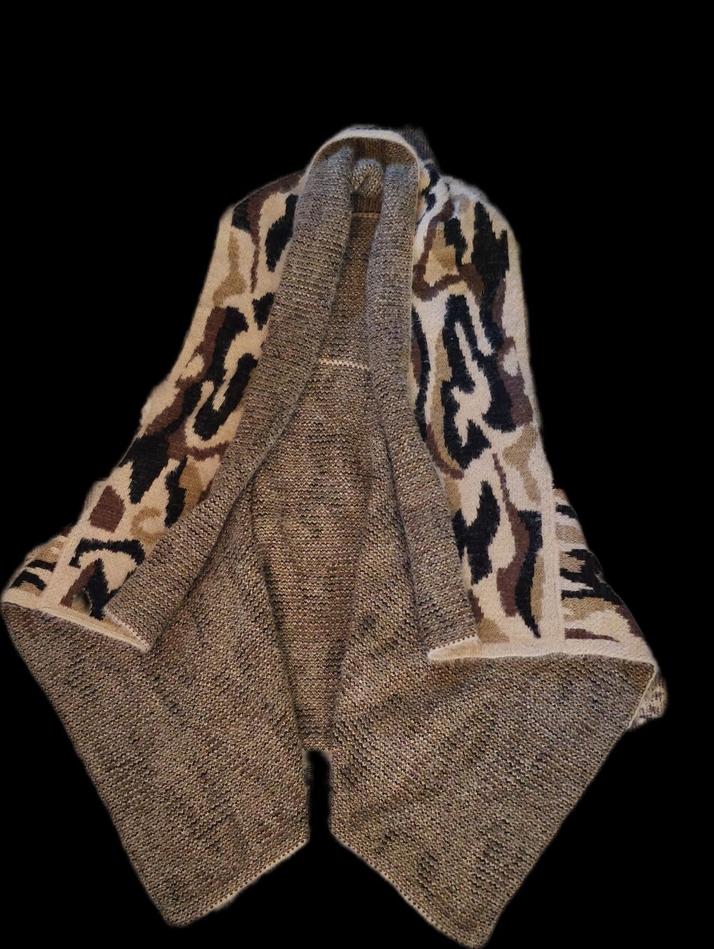 Ladies Open-Front Animal Print Shawl Collar Sweater - Brown